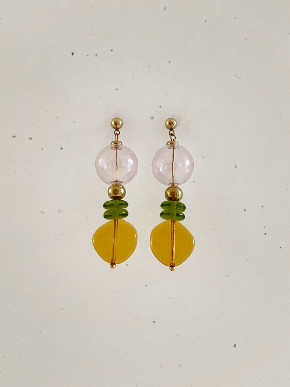 Handmade Boho Amber, Green & Blush Pink Glass Bubble Statement Earrings.